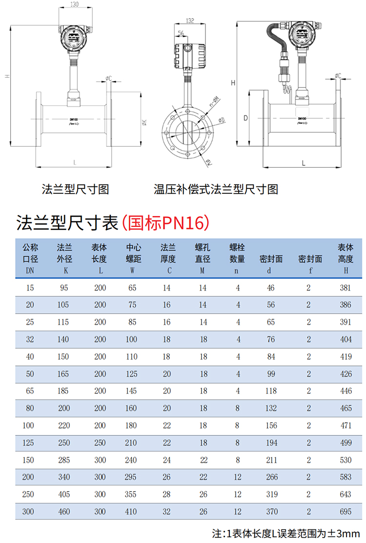 dn150渦街流量計法蘭式尺寸圖